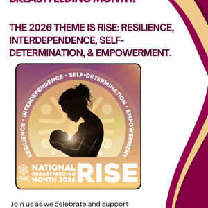 A red and yellow flyer depicting the national breastfeeding month 2026 logo of a mother nursing her baby. The text on the header reads: "August is National Breastfeeding Month! The 2026 Theme is RISE: Resilience, Interdpendence, Self-Determination, & Empowerment."