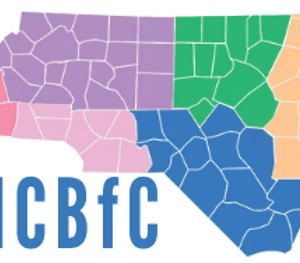 the NCBfC logo is a multicolored rendering of a map of North Carolina with pink, purple, blue, green, and yellow segments