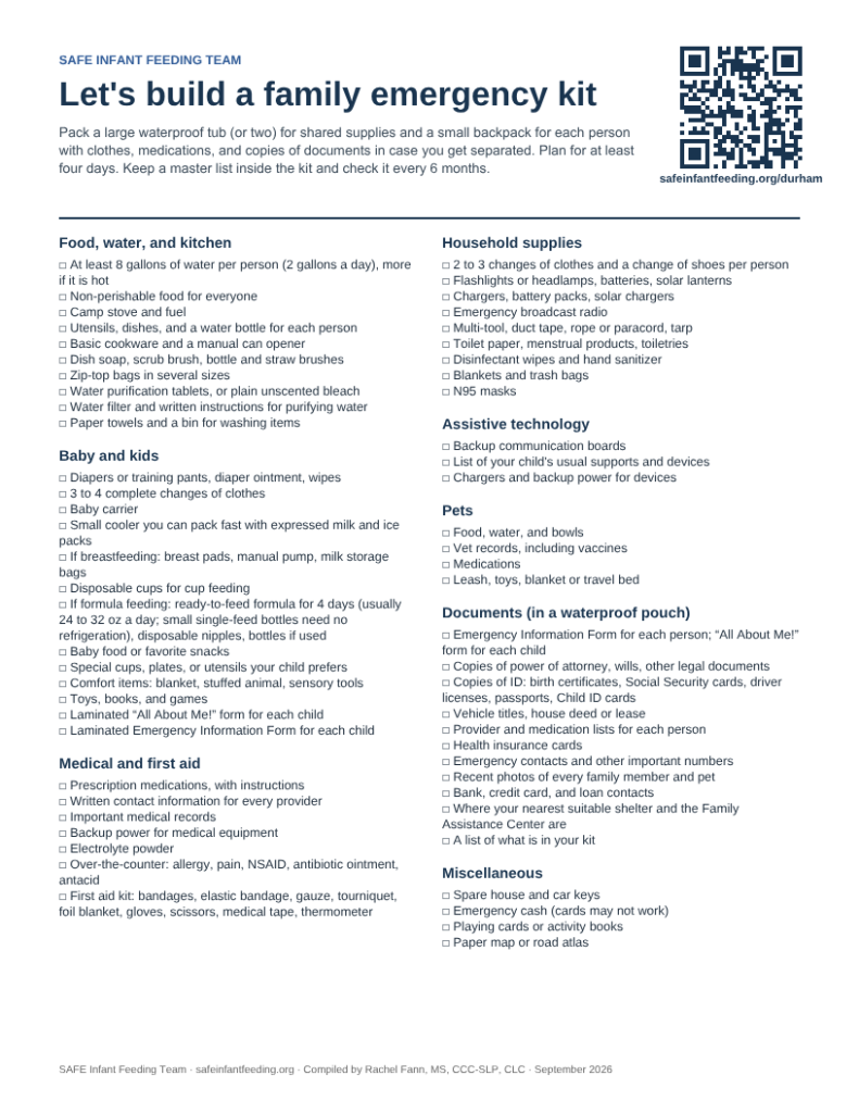 Preview of the SAFE one-page family emergency kit checklist