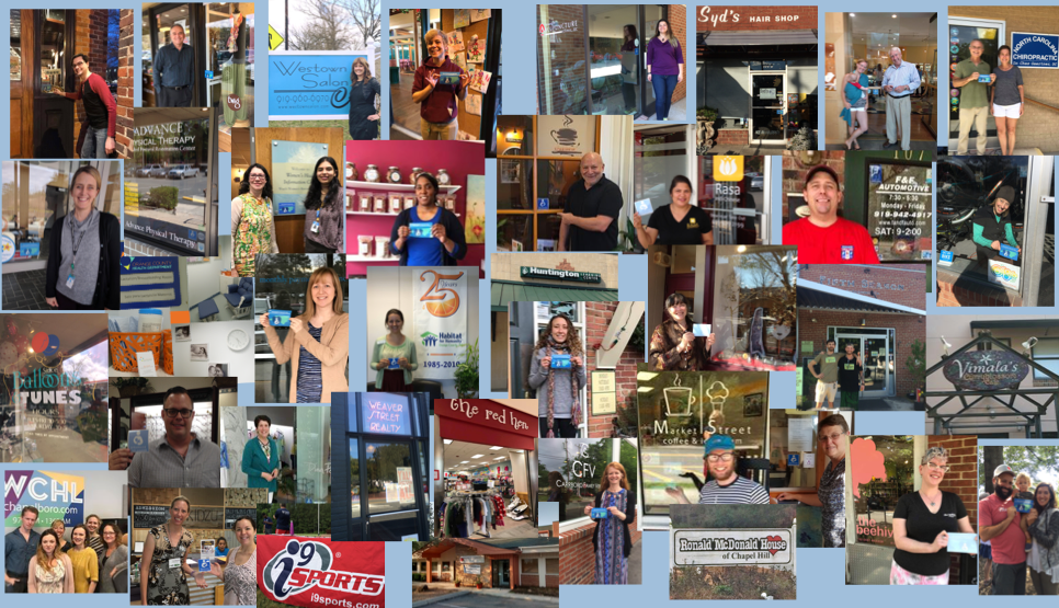 Multiple pictures of Carrboro and Chapel Hill business owners holding the Breastfeeding Welcome Hear cling.